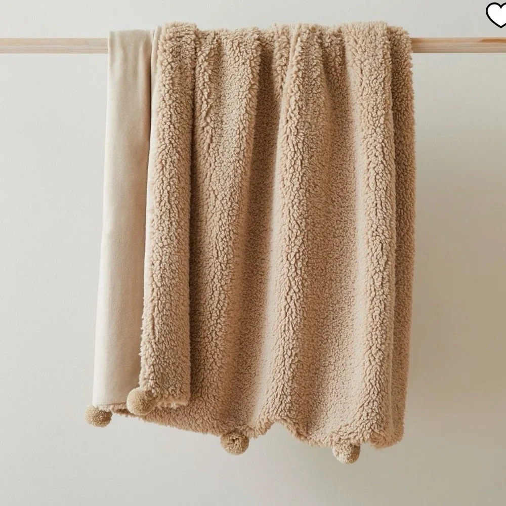 WEST ELM Cozy Sherpa Pom Pom Throw Blanket SABLE 47x60 NWT